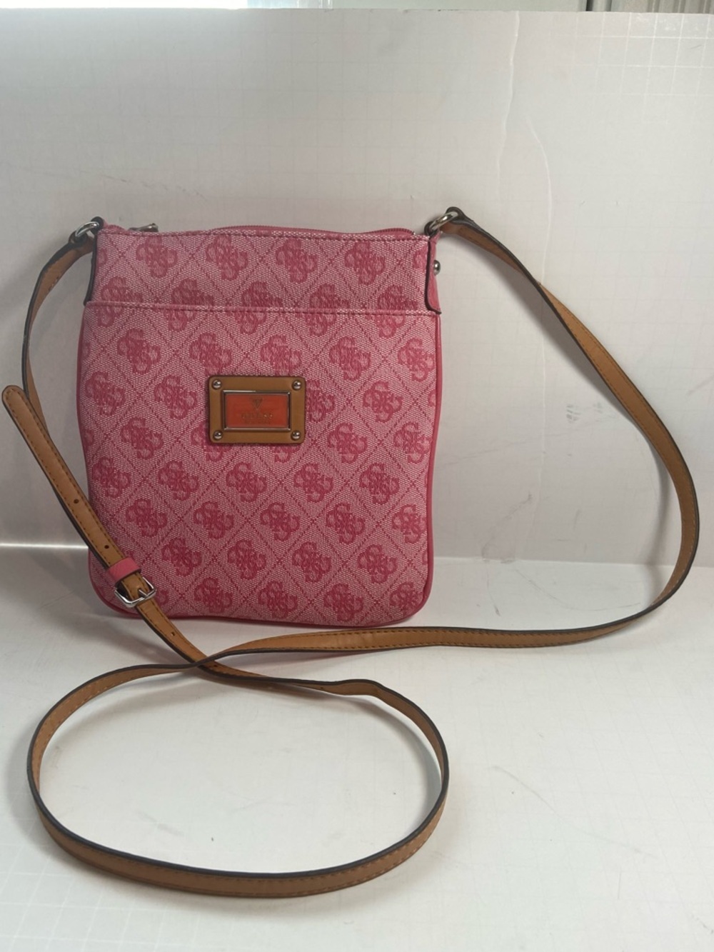 Guess~Dainty~Two-Tone Pink~Faux Leather~Monogram~Adjustable Strap~Crossbody Bag